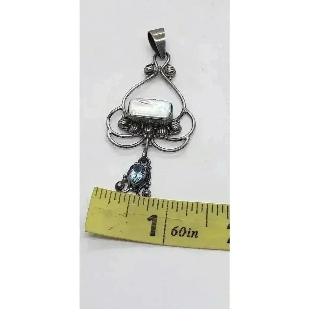 Vintage Pendant 925 Sterling Silver Genuine Pearl & Topaz Large Fancy - Picture 9 of 9
